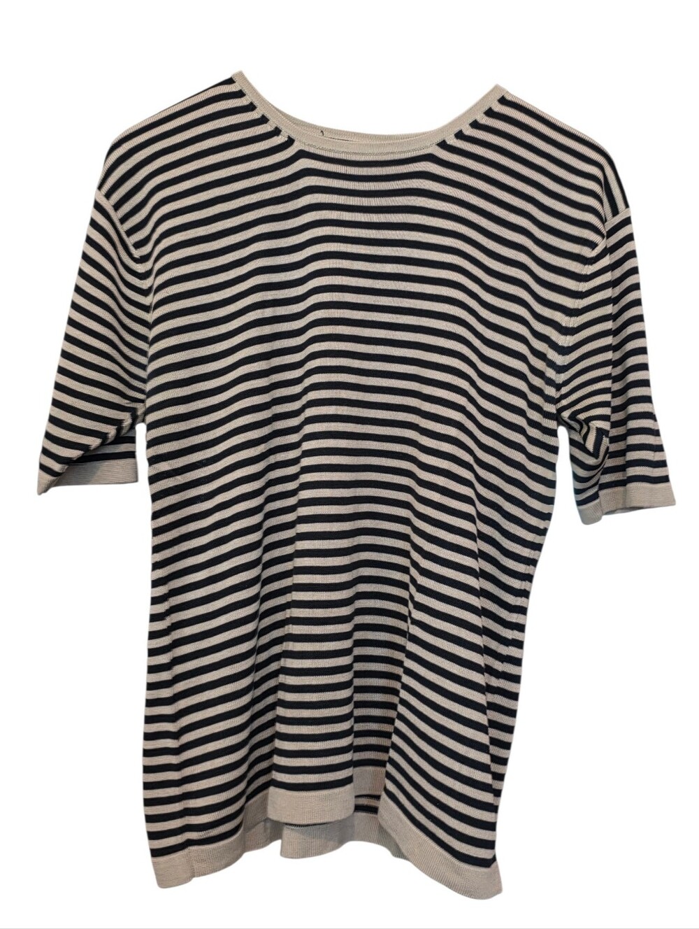 YL By Yair Vintage 100% Silk Knit Tan & Black Striped Crewneck Top Size L EUC